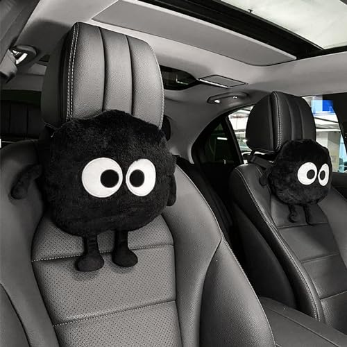 Car Headrest Pillow & Steering Wheel Cover Set with Cute Big-Eyed Furball Travel Neck Support Pillow Fur Car Interior Accessory (Black 5Pcs Set) - color: Black 5pcs Set