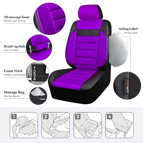 CAR PASS Leather Seat Covers Full Set Universal Water Resistant 3D Foam Back Support, Luxury Comfort Automotive 5 Seat Covers All Season Fit for SUV,Sedan,Van, Airbag Compatible Elegance(Purple Black) - color: Black and Purple