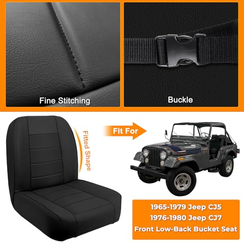 Driver & Passenger Seat Cover Compatible with 1965-1979 Jeep CJ5, 1976-1980 Jeep CJ7, Front Low-Back Bucket Seat - color: black