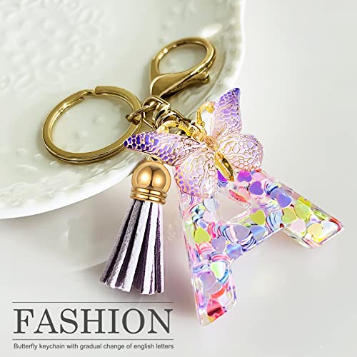 JINGUAZI Initial letter Keychains for Women Tassel Butterfly Pink Purple Cute Car Keychain for Wallet Backpack bag charm - color: A-purple