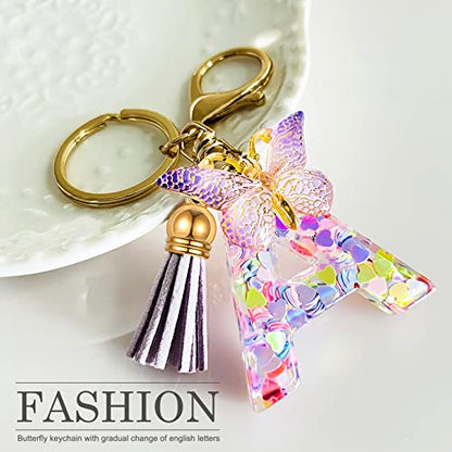 JINGUAZI Initial letter Keychains for Women Tassel Butterfly Pink Purple Cute Car Keychain for Wallet Backpack bag charm - color: A-purple