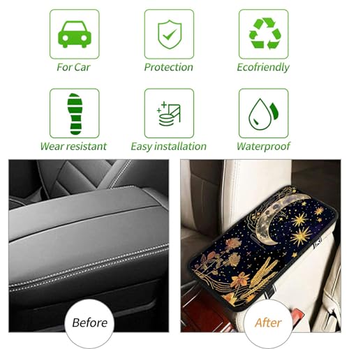 Universal Auto Center Console Pad and 2Pcs Car Coasters Set, Anti Slip Soft Neoprene Car Armrest Seat Box Cover Protector Universal Fit - Car Interior Accessories, Golden Moon Flower - color: 497