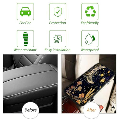 Universal Auto Center Console Pad and 2Pcs Car Coasters Set, Anti Slip Soft Neoprene Car Armrest Seat Box Cover Protector Universal Fit - Car Interior Accessories, Golden Moon Flower - color: 497