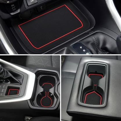 Auovo 3D Cup Holder Insert Liners Compatible with Toyota RAV4 Accessories 2025 2024 2023 2022 2021 2020 2019 Car Custom Cup Holder Mats Pads 4-pc Set (Red Trim) - color: Red, size: 4PCS