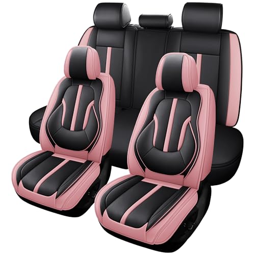 otoez Pink Car Seat Covers Full Set, 5 Seats Nappa Leather Seat Covers for Car, Breathable Automotive Front and Back Seat Protectors with Lumbar Support for Sedan SUV Truck Van, Black & Pink