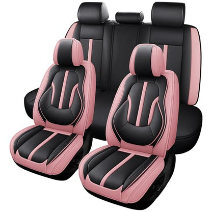 otoez Pink Car Seat Covers Full Set, 5 Seats Nappa Leather Seat Covers for Car, Breathable Automotive Front and Back Seat Protectors with Lumbar Support for Sedan SUV Truck Van, Black & Pink