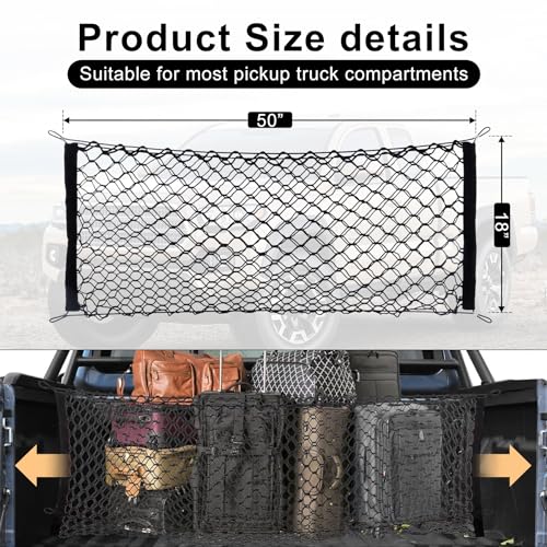 Amiss Truck Bed Cargo Net Stretchable, Adjustable Trunk Storage Net with Hook, Accessories for Pickup Bed Divider Organizer and Storage, Compatible with Chevy Silverado Ford F150 GMC (50"x 18") - size: 50×18 Inch