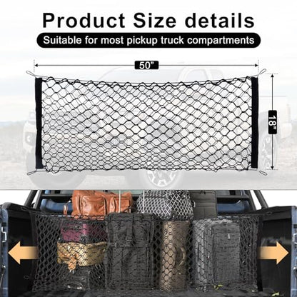 Amiss Truck Bed Cargo Net Stretchable, Adjustable Trunk Storage Net with Hook, Accessories for Pickup Bed Divider Organizer and Storage, Compatible with Chevy Silverado Ford F150 GMC (50"x 18") - size: 50×18 Inch