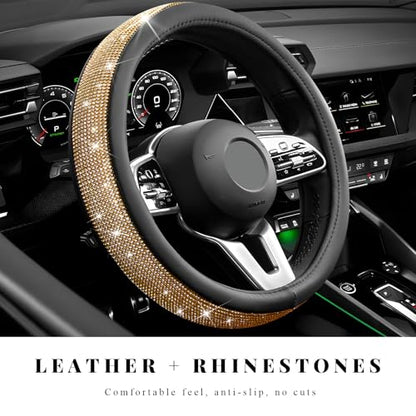 Diamond Leather Steering Wheel Cover, 15 Inch Bling Crystal Rhinestone Anti-Slip Wheel Protector, Universal Sparkling Elegant Diamond Steering Wheels Cover for Women Girl (Golden) - color: Golden