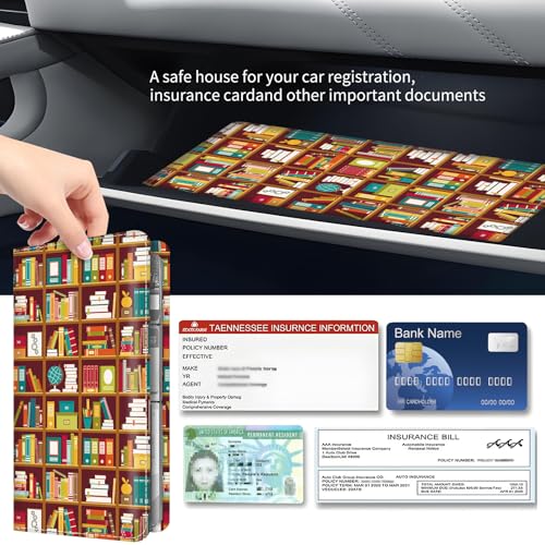Premium Car Registration and Insurance Card Holder, Cute PU Leather Car Document Holder, Vehicle Glove Box Car Organizer with Magnetic Closure for Driver License, Cards Cute Bookshelf - color: Cute Bookshelf