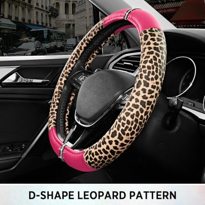 Road Comforts Leopard Steering Wheel Cover for Women, Cute Anti-Slip Microfiber Leather, Fits D Shape Flat Bottom Steering Wheel 14.5-15 Inch - HotPink - color: D Shape-HotPink