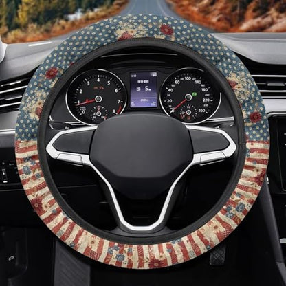 AFPANQZ American Flag Daisy Car Steering Wheel Cover Stretch-on Comfortable Grip Automotive Steering Wheel Cushion Anti-Slip Universal 14-15 inch Machine Washable - color: American Flag Daisy