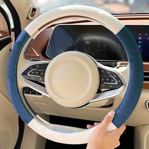 Car Steering Wheel Cover, Linen Full Surround Steering Wheel Outer Protector Shell Set, 15" Universal Breathable Soft Protector Cover Shell for Car Interior Decoration Accessories（White Blue） - color: White Blue