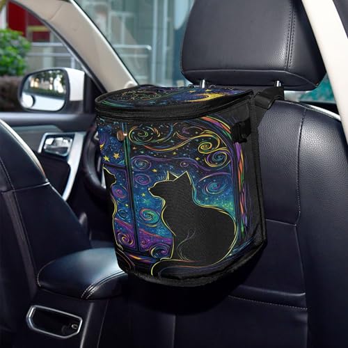 MNSRUU Car Trash Can with Lid, Two Black Cats in A Window Car Trash Bag Hanging Organizers and Storage for Front Back Seat, Leak-Proof Trash Bin - color: Cat A12617