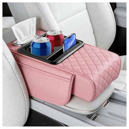 5-in-1 Car Center Console Cover,Leather Car Armrest Cover with Cup Holder/Storage Pocket/Phone Holder/Cars Tissue Holders,Thickened Cars Armrest Storage Box for Relieving Elbow Fatigue (Pink) - color: Pink