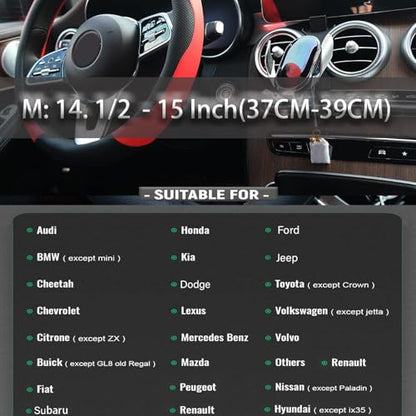 Black and Red Steering Wheel Cover Microfiber Leather Sporty Car Accessories for Men and Women,Breathable Non-Slip Universal Fit 14 1/2-15 Inch - color: Black+Red
