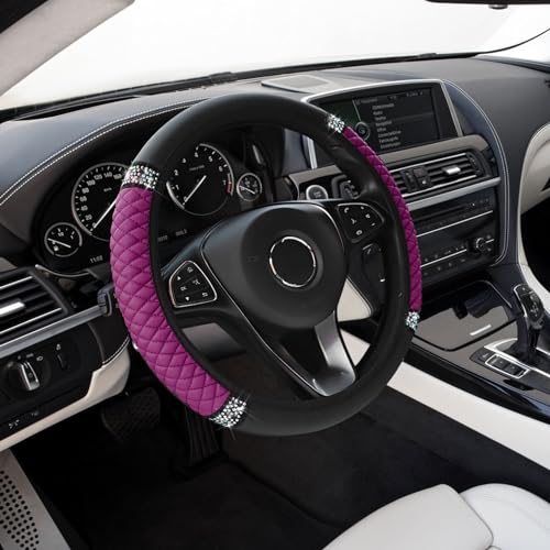 Bling Soft Leather Steering Wheel Cover, Anti-Slip Car Steering Wheel Protector, 15 Inch Rhinestones Soft Leather Elastic Steering Wheel Protector for Women Girls, Car Accessories for Most Cars - color: Purple, size: Rhinestones