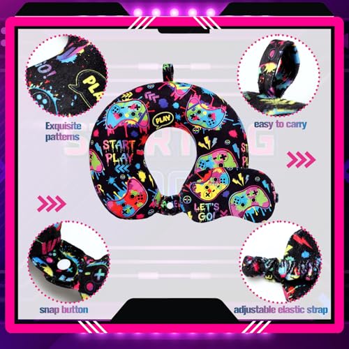 4 Pcs Game Travel Pillow with Sleep Eye Mask, U Shaped Memory Foam Headrest & Neck Pillow with Washable Cover, Soft Neck Head Support Travel Accessories for Airplane Car Train Bus Trips