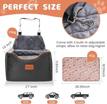 AlfaTok Memory Foam Booster Dog Car Seat with Washable Removable Cover, Elevated Pet Car Seat, Anti-Slip Sturdy Booster Seats for Small Dogs 35lbs, Seat Belt, Storage Pocket, Dog Blankets