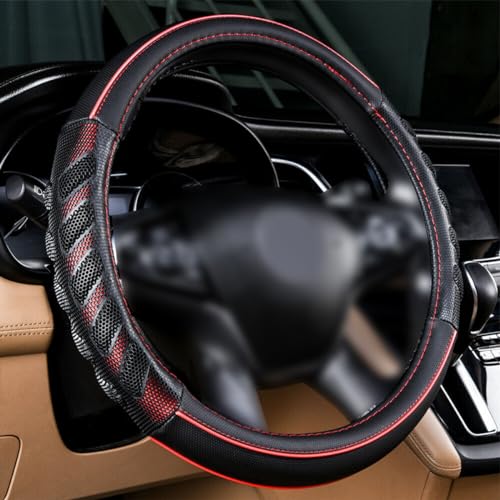 Flying Banner car Steering Wheel Cover Faux Leather Massage Universal fit 3D Honeycomb Hole Anti-Slip Sporty 15 Inches (Red Black)