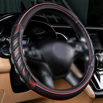 Flying Banner car Steering Wheel Cover Faux Leather Massage Universal fit 3D Honeycomb Hole Anti-Slip Sporty 15 Inches (Red Black)