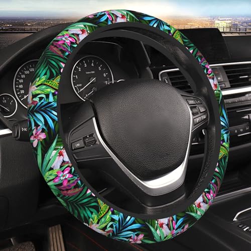 Tropical Car Steering Wheel Cover for Women Frangipani Hibiscus Palms 14-15 Inch Stretch Cloth Anti-Slip Wrap Protector Case Fit Universal Auto Accessories Decor Sweat Absorption (No Tools Needed) - color: Tropical Frangipani Hibiscus With Palms1