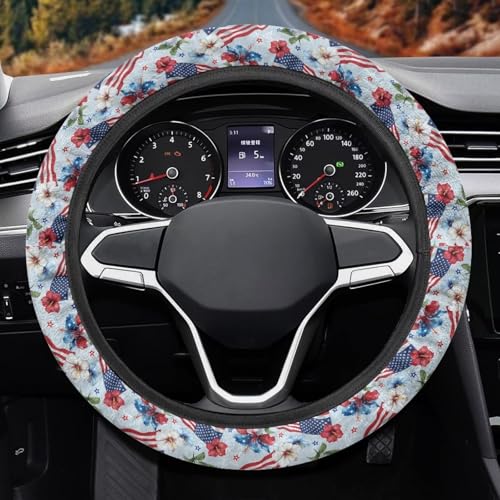 AFPANQZ 4th of July Steering Wheel Cover for Cars Universal Fit 14 to 15 inch, American Flag Tropical Flower Pattern Car SUV Sedans Accessories Steering Wheel Protection Sweat Absorption - color: American Flag Tropical Flower Pattern