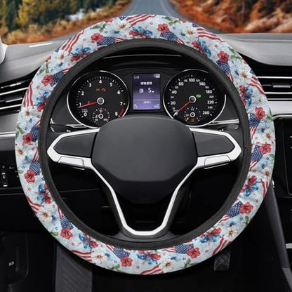 AFPANQZ 4th of July Steering Wheel Cover for Cars Universal Fit 14 to 15 inch, American Flag Tropical Flower Pattern Car SUV Sedans Accessories Steering Wheel Protection Sweat Absorption - color: American Flag Tropical Flower Pattern