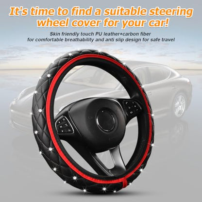 Bling Car Steering Wheel Cover, Non-Slip Elastic Stretch Leather Auto Steering Wheel Protector, Sparkling Diamond Vehicle Decor Accessories for Women Girls, Universal for Vehicles (Red)