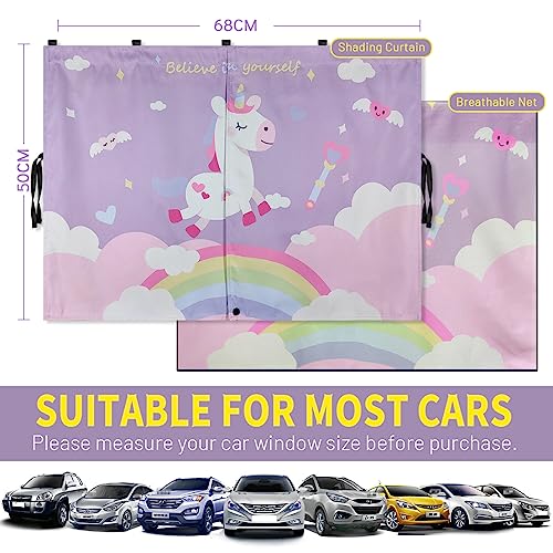 Car Window Shades, 2 PCS Magnetic Double Layer Car Sun Shade for Side Windows Privacy Full Covers/Half Shade Options Unicorn Patterns Car Window Curtains for Baby Protection - color: Purple-2pcs