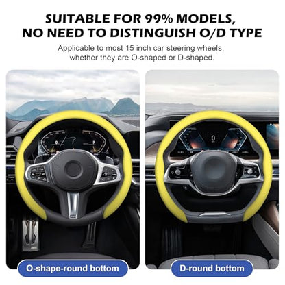 Nappa Leather Steering Wheel Cover,Universal Fit 15 Inch-Premium Non-Slip Breathable Comfort Grip for Cars Trucks SUVs,Anti-Slip Durable Interior Upgrade Lemon Yellow - color: Lemon Yellow