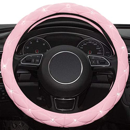 Pink Steering Wheel Cover, Diamond Leather Bling Steering Wheel Cover, Anti-Slip Steering Wheel Protector with Crystal Rhinestones for Women and Girl Fit 14.5-15 inch - color: Pink