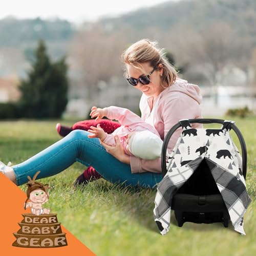 Dear Baby Gear Car Seat Cover for Infant, Newborn Carrier Canopy, Mother’s Day Gift for Moms, Baby Shower Blanket, Stroller & Nursing Cover w/ Snap Opening, 40x30in, Black & Grey Plaid Bears Design - color: Black Bears, Black and Gray Plaid Minky