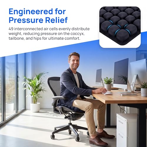 Inflatable Seat Cushion, Press to Inflate Airplane Seat Cushion for Long Flights, 49 Air Cell Wheelchair Cushion, Portable Pressure Relief Seat Pad for Office Chair Car Travel, TPU Non Slip - size: X-Large