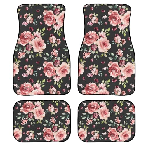 Flower Rose Floral Pattern Car Floor Mats Carpet Universal Cute Spring Flowers and Leaves Floor Mats for Cars Vehicle Front Rear Foot Rugs Blossom Flower Print Car Accessories for Trucks - color: Pink