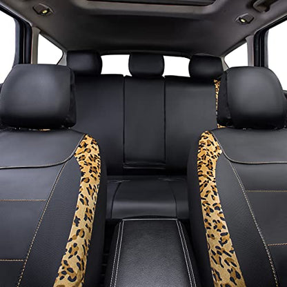 Flying Banner car seat Covers Protects Leopard Printing Velvet Faux Leather Carbon Fiber Front and Rear Bench (Leopard Brown Black, Full Set - 8PCS) - color: Leopard Brown Black, size: Full Set -- 8PCS