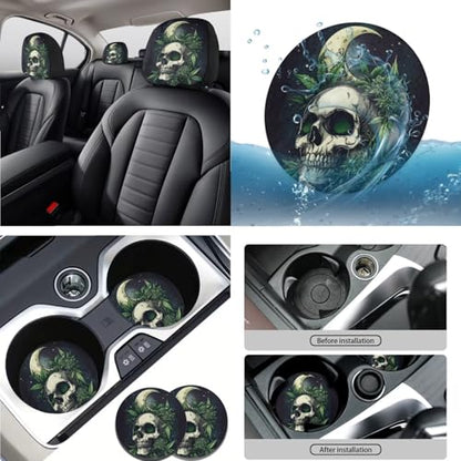 Skull Moon Leaf Printed 15 Pcs Car Seat Cover Set, Universal Car Accessory Set Front Rear Seat Covers Steering Wheel Cover Car Headrest Cover Seat Belt Covers Car Coaster - color: Black and Green-Skull Moon Leaf