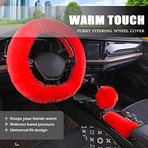 Fluffy Car Accessories Set, Fur Cute Fluffy Steering Wheel Cover & Coasters (Red) - color: red