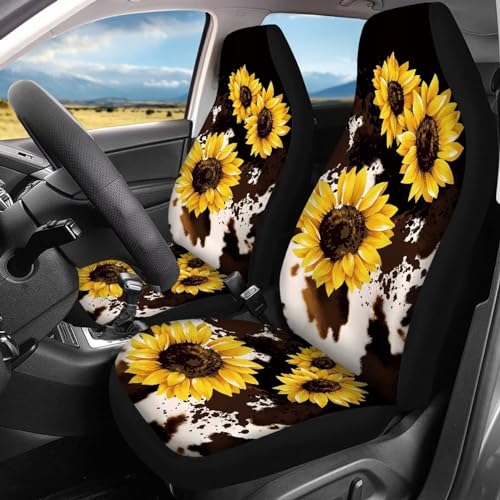 Howilath Cows Sunflowers Print Car Seat Covers Full Set(4 Pack),Split Front Seat and Rear Back Bench Covers Universal for Most Cars Trucks Suvs - color: Cows Sunflowers
