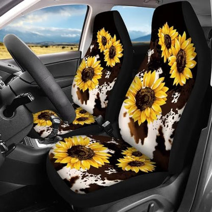 Howilath Cows Sunflowers Print Car Seat Covers Full Set(4 Pack),Split Front Seat and Rear Back Bench Covers Universal for Most Cars Trucks Suvs - color: Cows Sunflowers