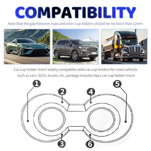 6PCS Silicone Car Cup Holder Insert,Curve Anti-Shake Car Cupholder Insert Stabilizer for Stabilizing Water Cups/Bottles,Self-Adhesive Silicone Cup Holder Inserts for Cars