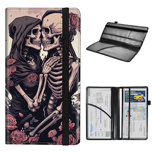 Car Registration and Insurance Holder for Women Men,Automobile License Document Card Holders Vehicle Glove Box Organizer Leather Accessories Driver Essential,Roses and Skulls - color: Roses and Skulls