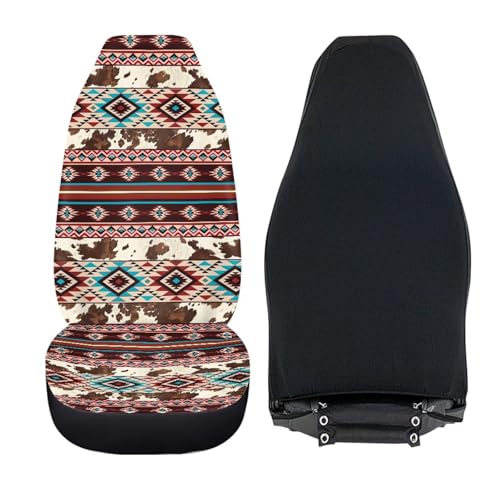 Car Front Seat Covers Stretch Polyester Fabric Cover Universal Aztec Cow Print Car Seat Cover Protection Interior Accessories Universal Fit for Most Vehicles - color: Aztec Cow Print