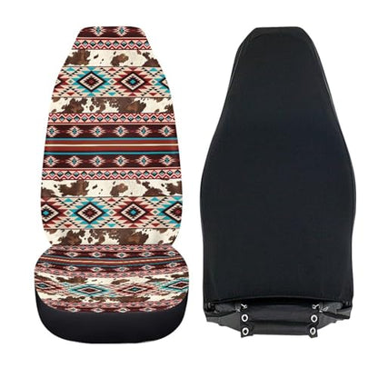 Car Front Seat Covers Stretch Polyester Fabric Cover Universal Aztec Cow Print Car Seat Cover Protection Interior Accessories Universal Fit for Most Vehicles - color: Aztec Cow Print