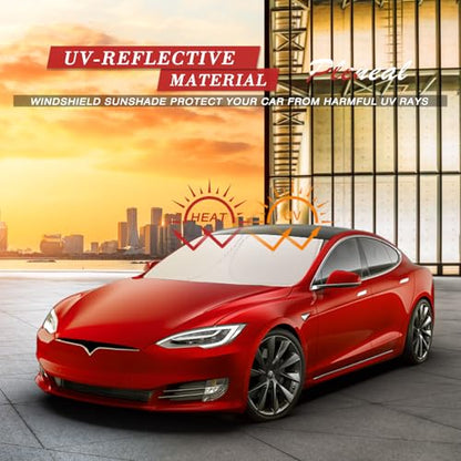 Windshield Sun Shade - Car Sun Shade Windshield, Compatible for Tesla Model 3/Y Customized, Tesla Model 3/Y Accessories 2025 Foldable Front Window Sunshade, Upgraded UV Protection Fabric - color: Light Silver(57"x36.5")