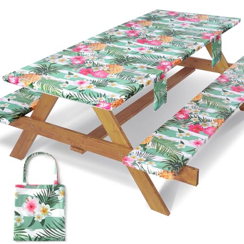 3 Piece Picnic Table Cover with Bench Covers Elastic Fitted Heavy Duty Camping Table Cloths for 8Ft Tables Camper Travel Trailer Must Haves Motorhome Garden Organization Moms Dads Kids Gift - color: Green Striped Pineapple, size: 96*30Inch