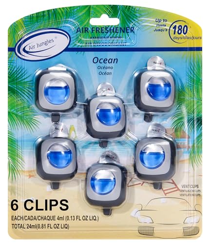 Air Jungles Ocean Scent Car Scent Car Air Freshener Vent Clip, 6 Count Long Lasting Up to 180 days, Natural Essential Oil Car Fragrance for Women and Men, Odor Eliminator - 4ml Each - color: Ocean, size: 6 Count (Pack of 1)