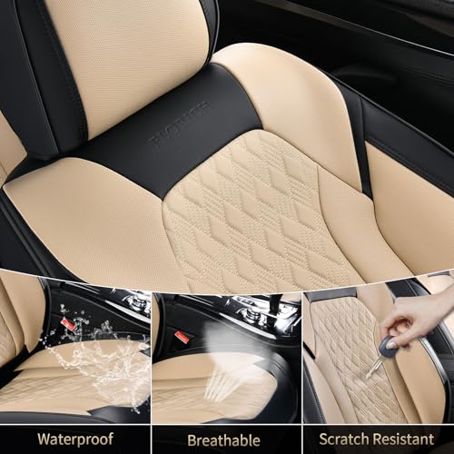 Seat Covers, Car Seat Covers Front Seats, Luxury Nappa Leather Seat Covers, Breathable and Waterproof Car Seat Protector 2 Seat, Automotive Seat Covers Universal for Most Cars-Black&Beige
