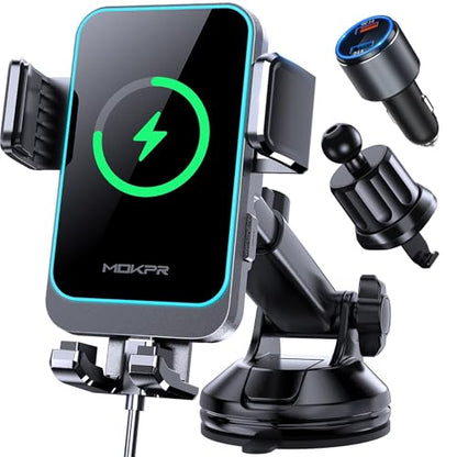 Wireless Car Charger, MOKPR 15W Fast Charging Auto Clamping Dashboard Windshield Air Vent Car Phone Holder Car Charger for iPhone 16 15/14/13/12 Pro Max Plus, Samsung S23/S22/S21,etc - style: Windshield
