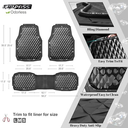 CAR PASS Bling Diamond Rubber Car Mats, Heavy Duty Deep Dish All-Weather Floor Mat Full Set Anti-Slip 3D Rhombus Waterproof Trim to Fit Liner Universal Glitter Sparkly Shining Rhinestone, 3 Pcs Black - color: Black Diamond